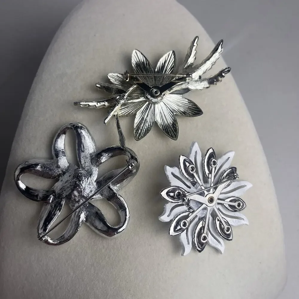 Vintage Floral Brooch Pin Lot Silver Tone Milk Glass AB Aurora Borealis Jewelry